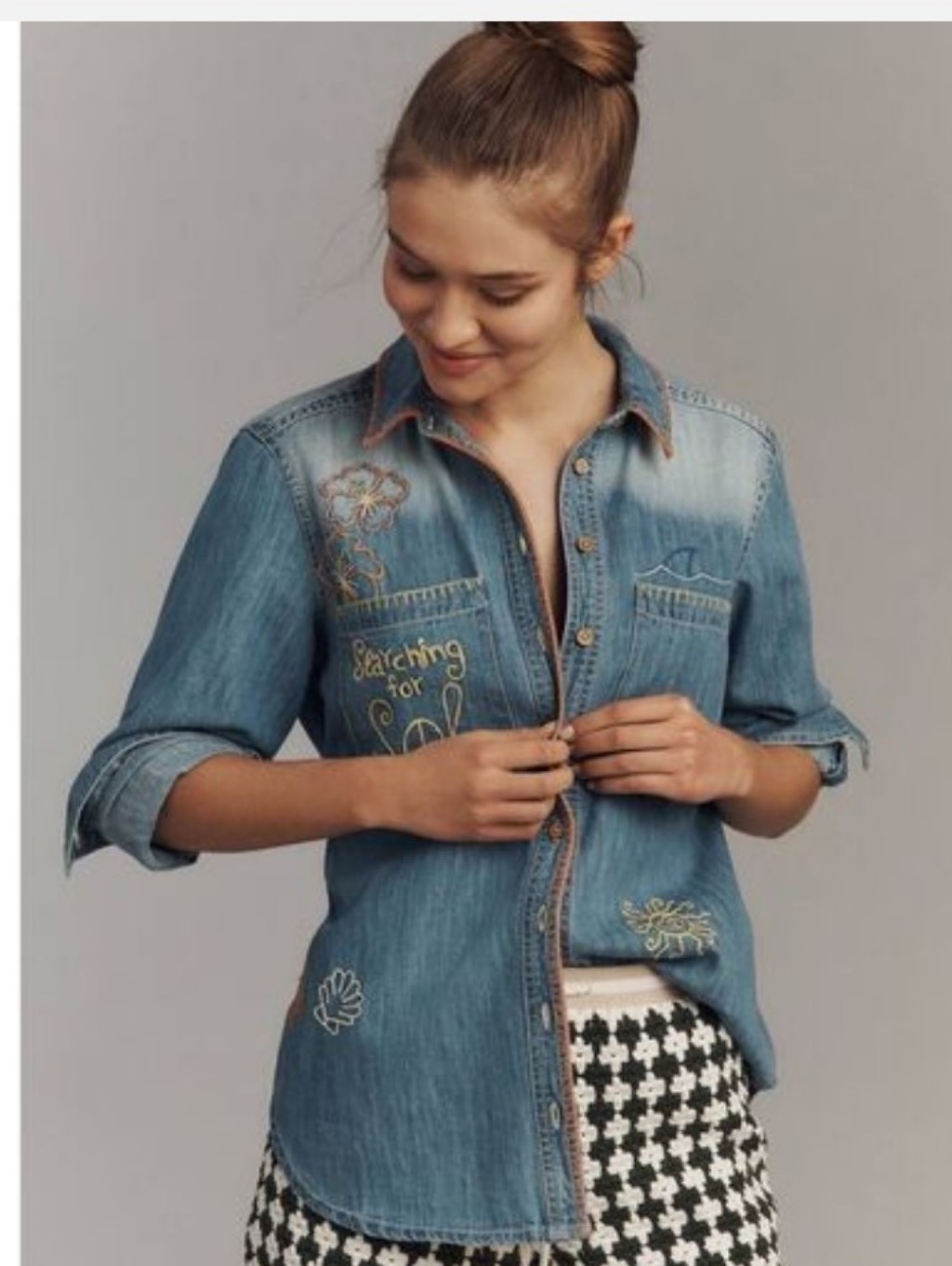 Nwt Anthropologie Pilcro Long-Sleeve Embroidered Icon Denim Buttondown Shirt Xs